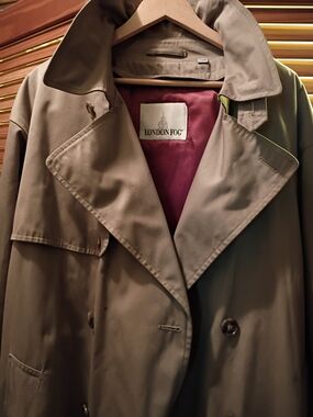 London Fog Taupe Trench with Burgundy Inner Lining